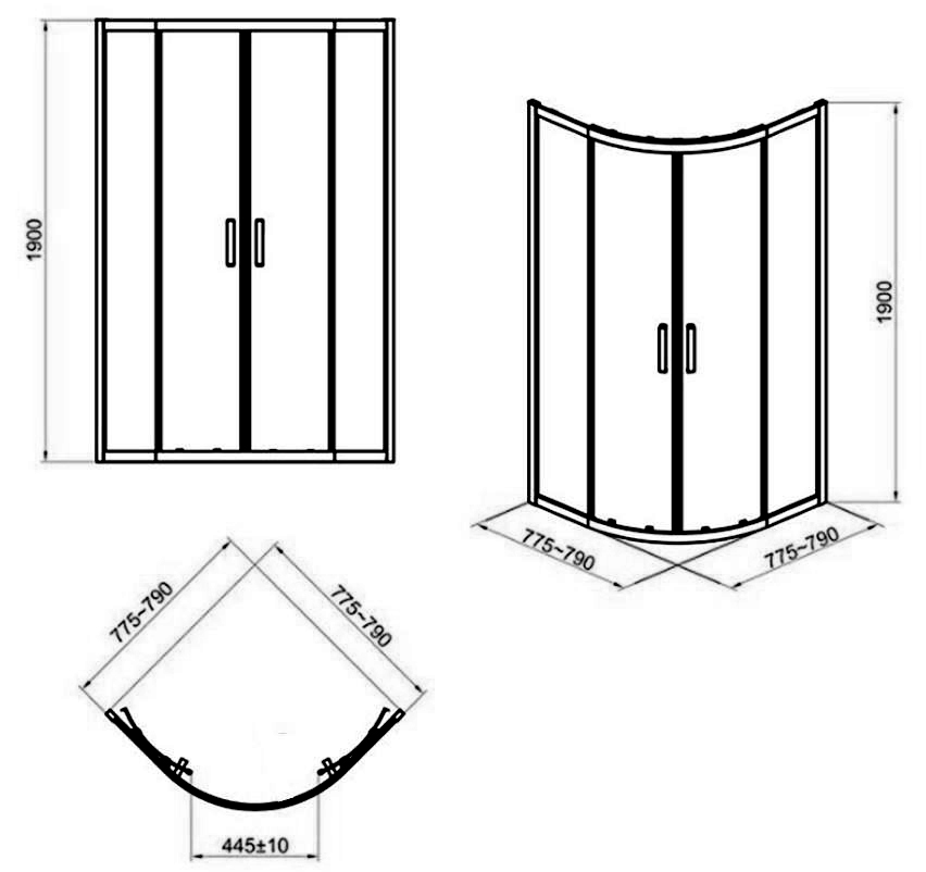 Cersanit ZIP 80x80x190 (S154-001) Габаритные размеры