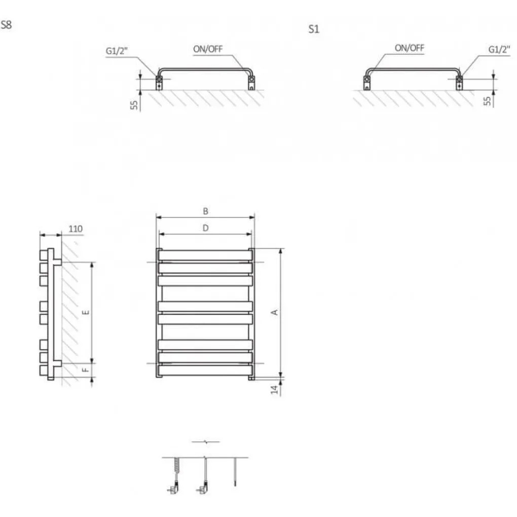 Terma Warp T One 6550х500 (WLWAT065050-K916E8OKXM) Габаритные размеры