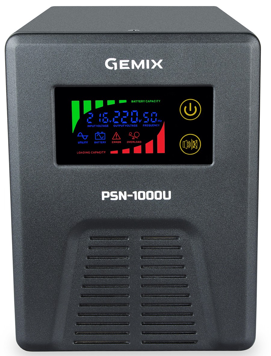 Джерело безперебійного живлення Gemix PSN-1000U LCD 1000ВА/600Вт, 7/9/13A, 3xEURO Schuko