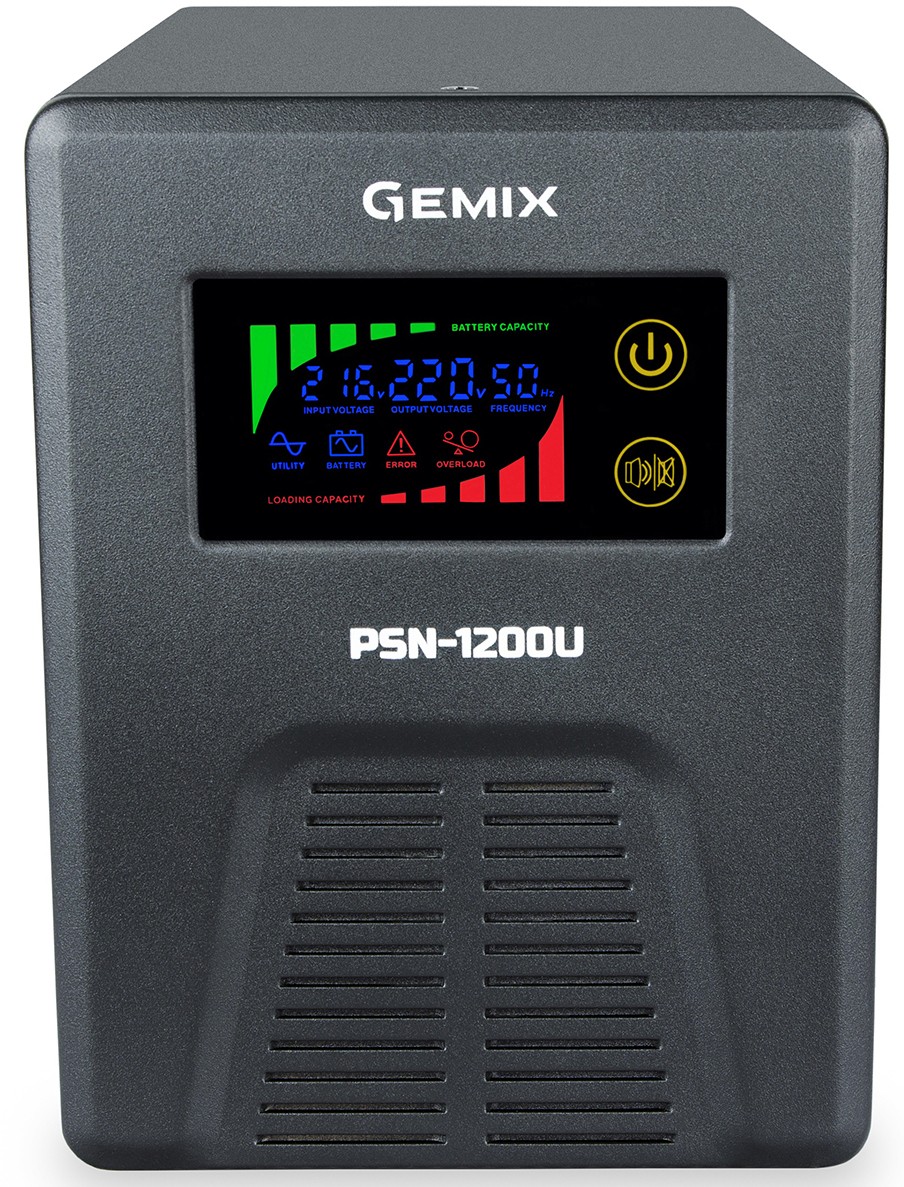 Источник бесперебойного питания Gemix PSN-1200U LCD 1200ВА/800Вт, 7/13/18A, 3xEURO Schuko в интернет-магазине, главное фото