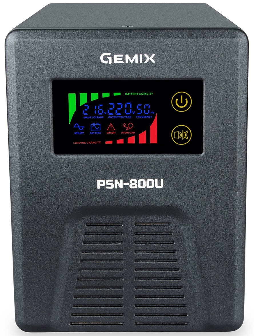 Характеристики джерело безперебійного живлення Gemix PSN-800U LCD 800ВА/480Вт, 7/9/13A, 3xEURO Schuko