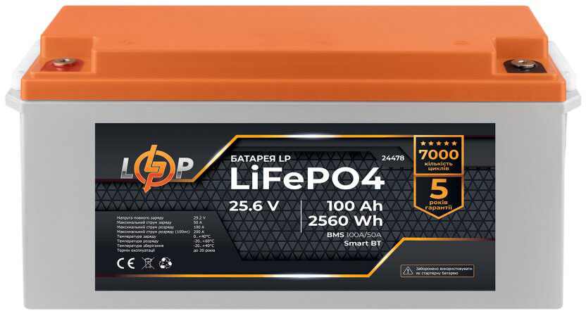 Аккумулятор литий-железо-фосфатный LP LiFePO4 25,6V - 100 Ah (2560Wh) (BMS 100A/50А) пластик Smart BT (24478) в интернет-магазине, главное фото