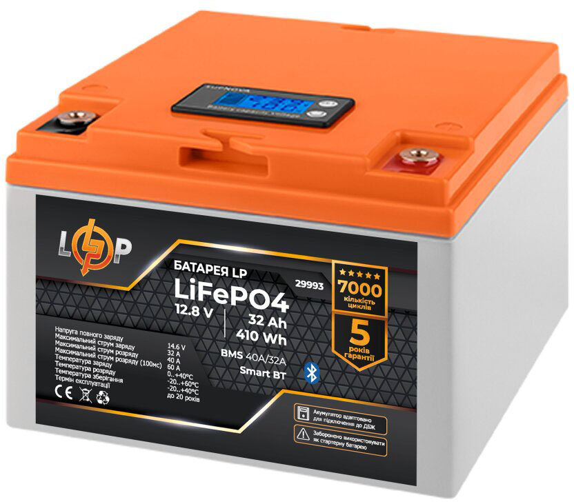 Акумулятор літій-залізо-фосфатний LP LiFePO4 12,8V - 32 Ah (410Wh) (BMS 40А/32A) пластик LCD Smart BT (29993) ціна 9384 грн - фотографія 2