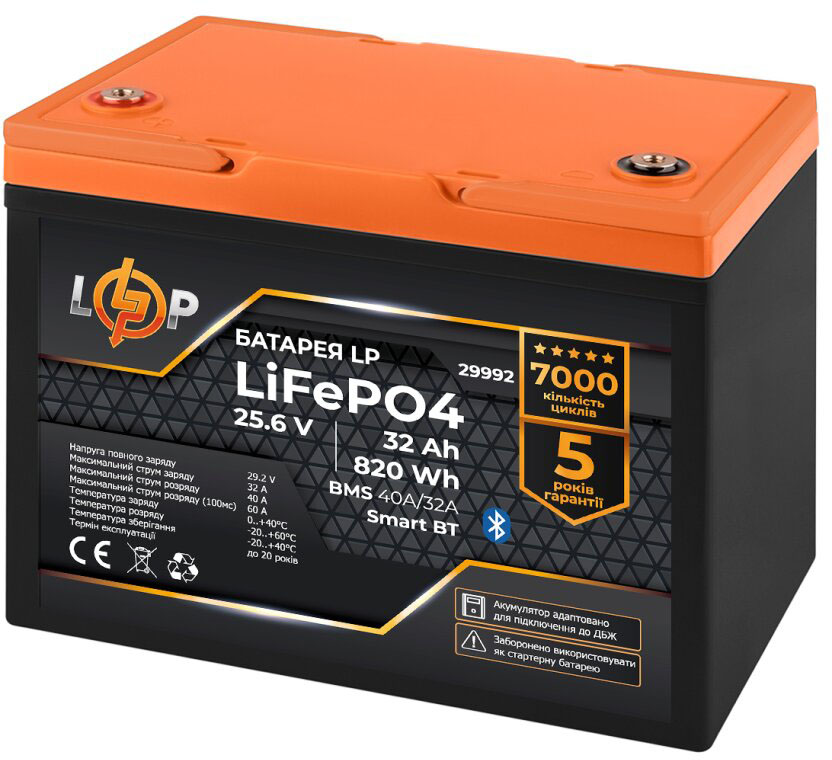 Акумулятор літій-залізо-фосфатний LP LiFePO4 25,6V - 32 Ah (820Wh) (BMS 40A/32А) пластик Smart BT (29992) ціна 15417 грн - фотографія 2