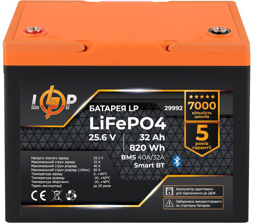Акумулятор літій-залізо-фосфатний LP LiFePO4 25,6V - 32 Ah (820Wh) (BMS 40A/32А) пластик Smart BT (29992)