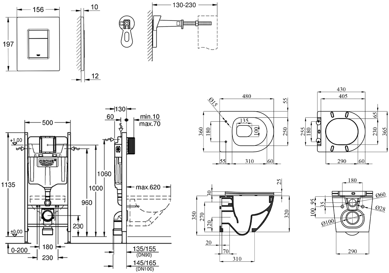 Grohe Rapid SL 3 в 1 3884966Q (3884966KH483632) Габаритные размеры