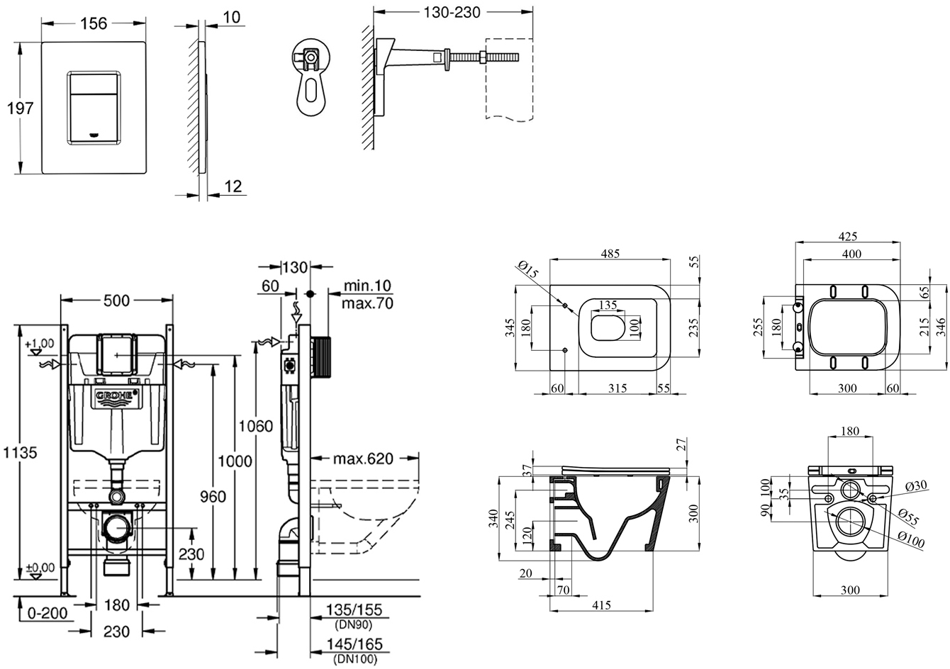 Grohe Rapid SL 3 в 1 3884966Q (3884966KE483429) Габаритные размеры