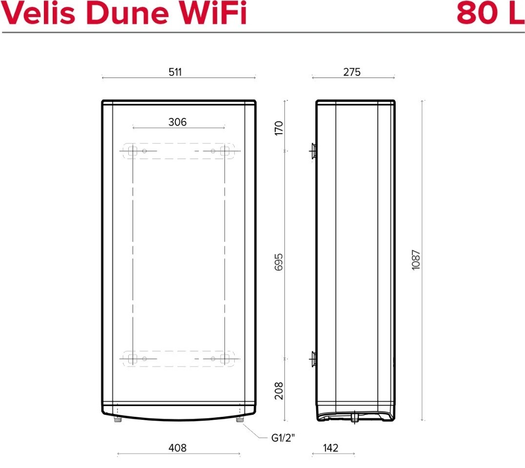 Ariston VELIS DUNE WIFI 80 EU (4018001) Габаритные размеры