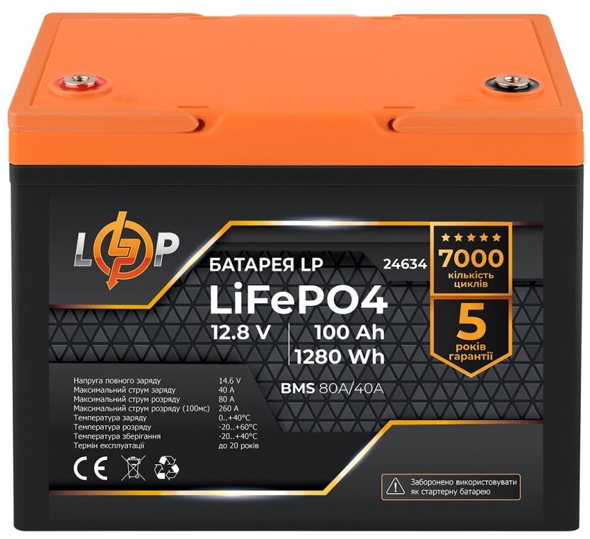 Акумулятор LogicPower LP LiFePO4 12,8V - 100 Ah (1280Wh) BMS 80A/40A (24634) в інтернет-магазині, головне фото