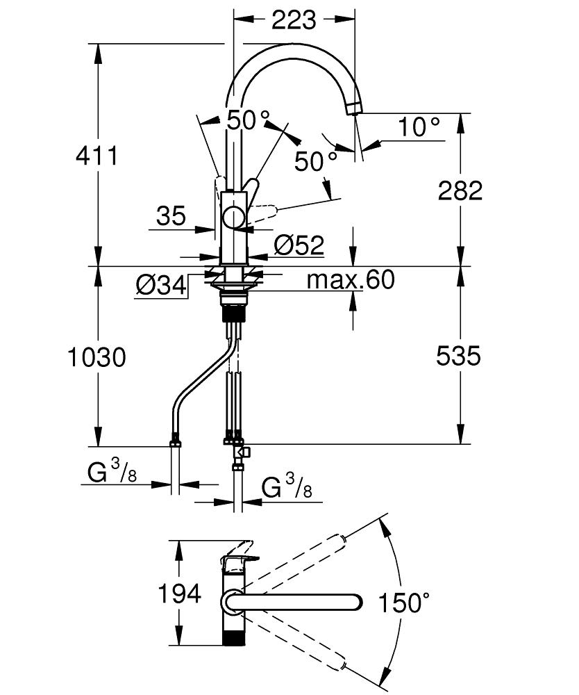 Grohe Start Curve 30592000 Габаритні розміри