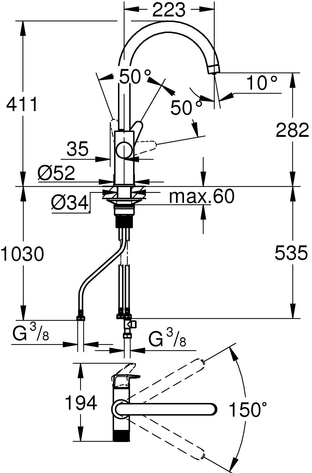 Grohe Blue Pure StartCurve (30592000) Габаритні розміри