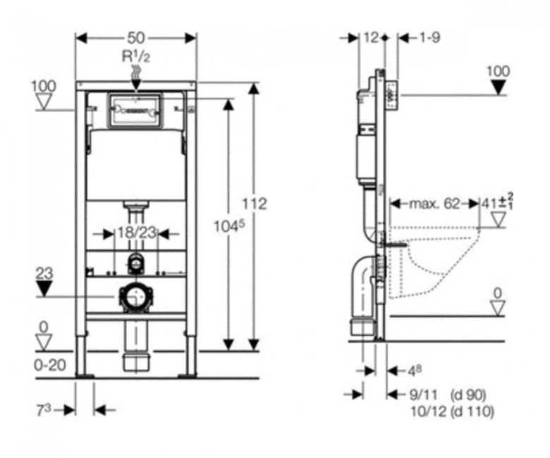 Geberit Duofix Delta 12 458.103.00.1 + ROCA Alegra A34H139000  Габаритні розміри