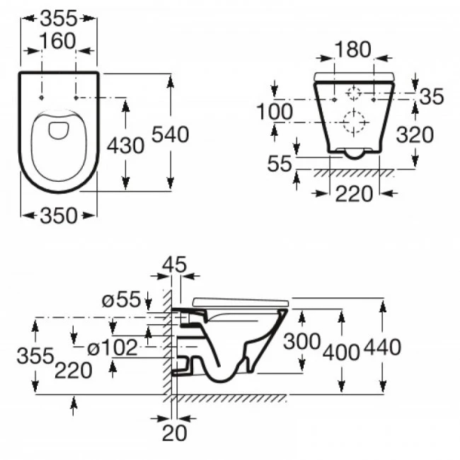 Grohe Rapid SL (38772001) + Roca Gap Round Rimless (A34H0N8000) Габаритні розміри