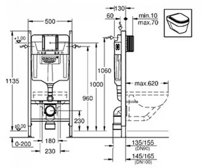 Grohe Rapid SL (UA388400WG) + Roca Alegra Rimless (A34H139000) Габаритні розміри