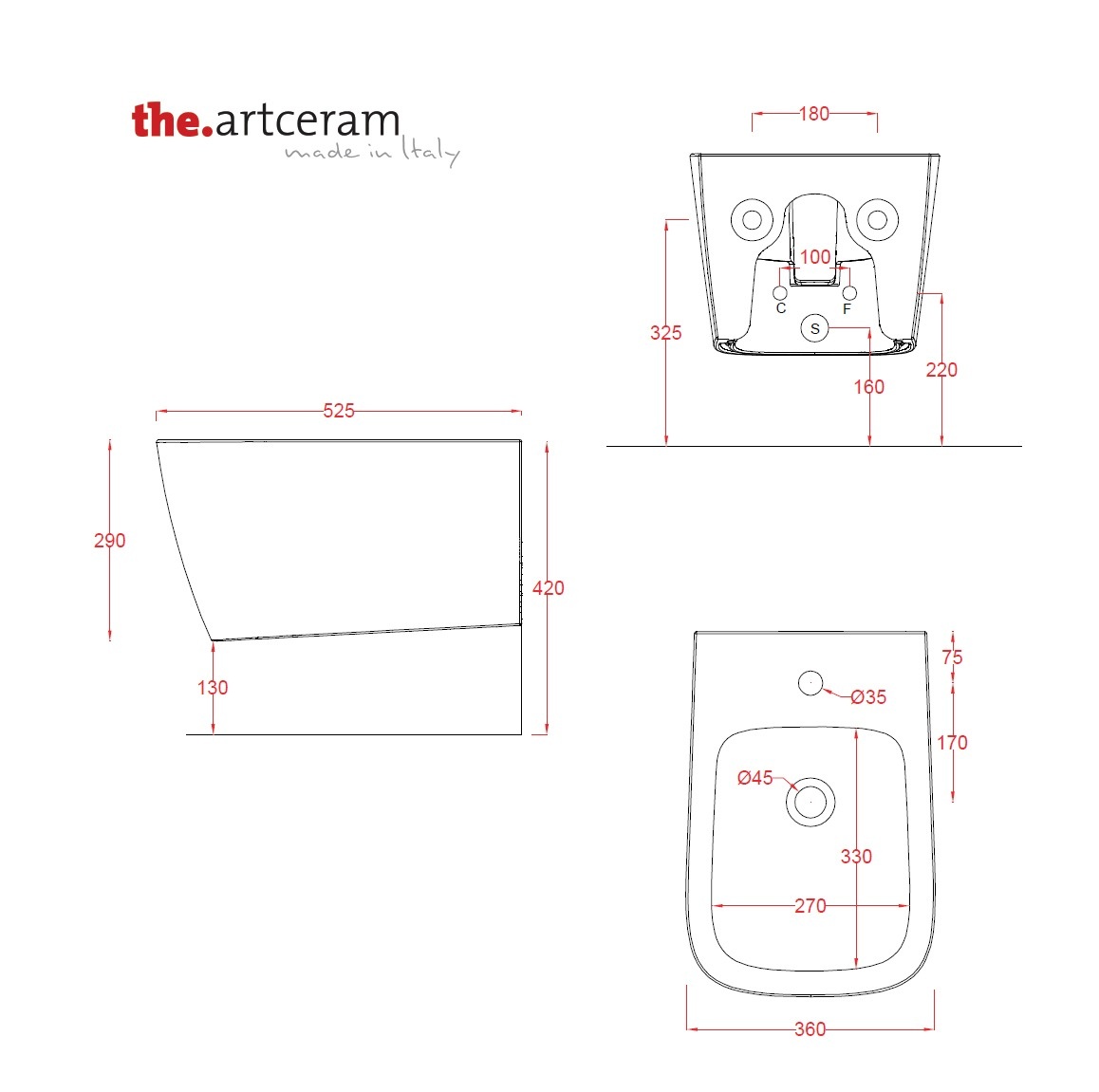 ArtCeram A16 ASB001 (15; 00) Габаритні розміри