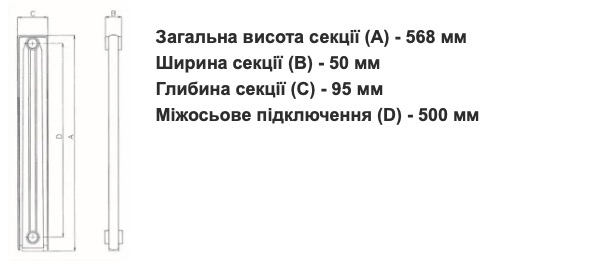 Global Radiatori Ekos 500 (1 секция) Габаритные размеры