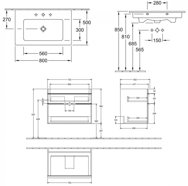 Villeroy&Boch Venticello (A92502MS+41048L01) 80 см Габаритні розміри