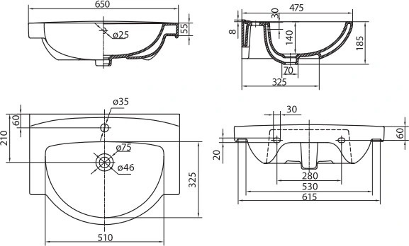 RJ Toft-L RJFU026-4165WHSET(RJFU026-4165WH + L71965000) Габаритні розміри