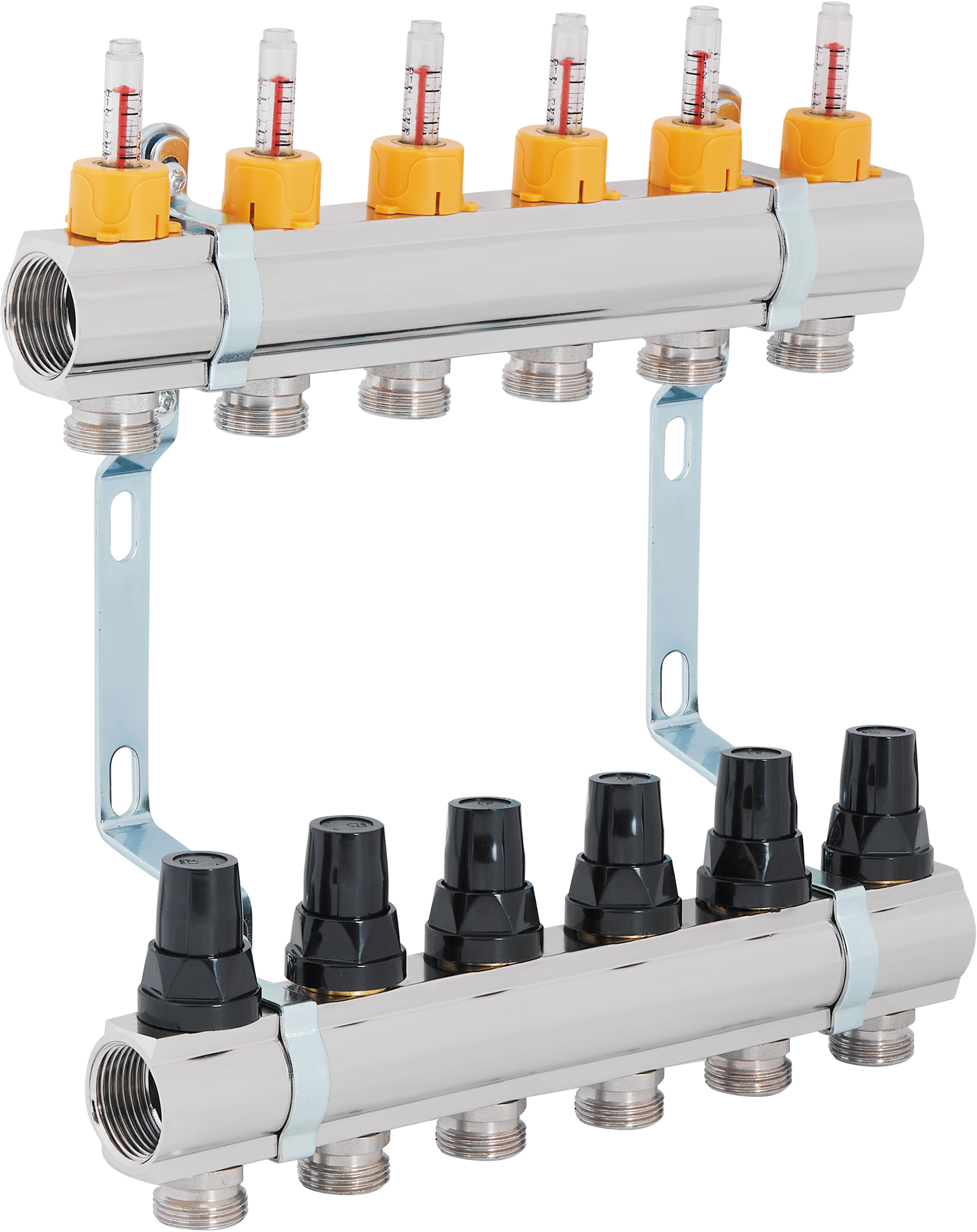 Коллектор из нержавеющей стали, термостатическими клапанами и расходомерами SD Forte 1"х6 (SF001W6)