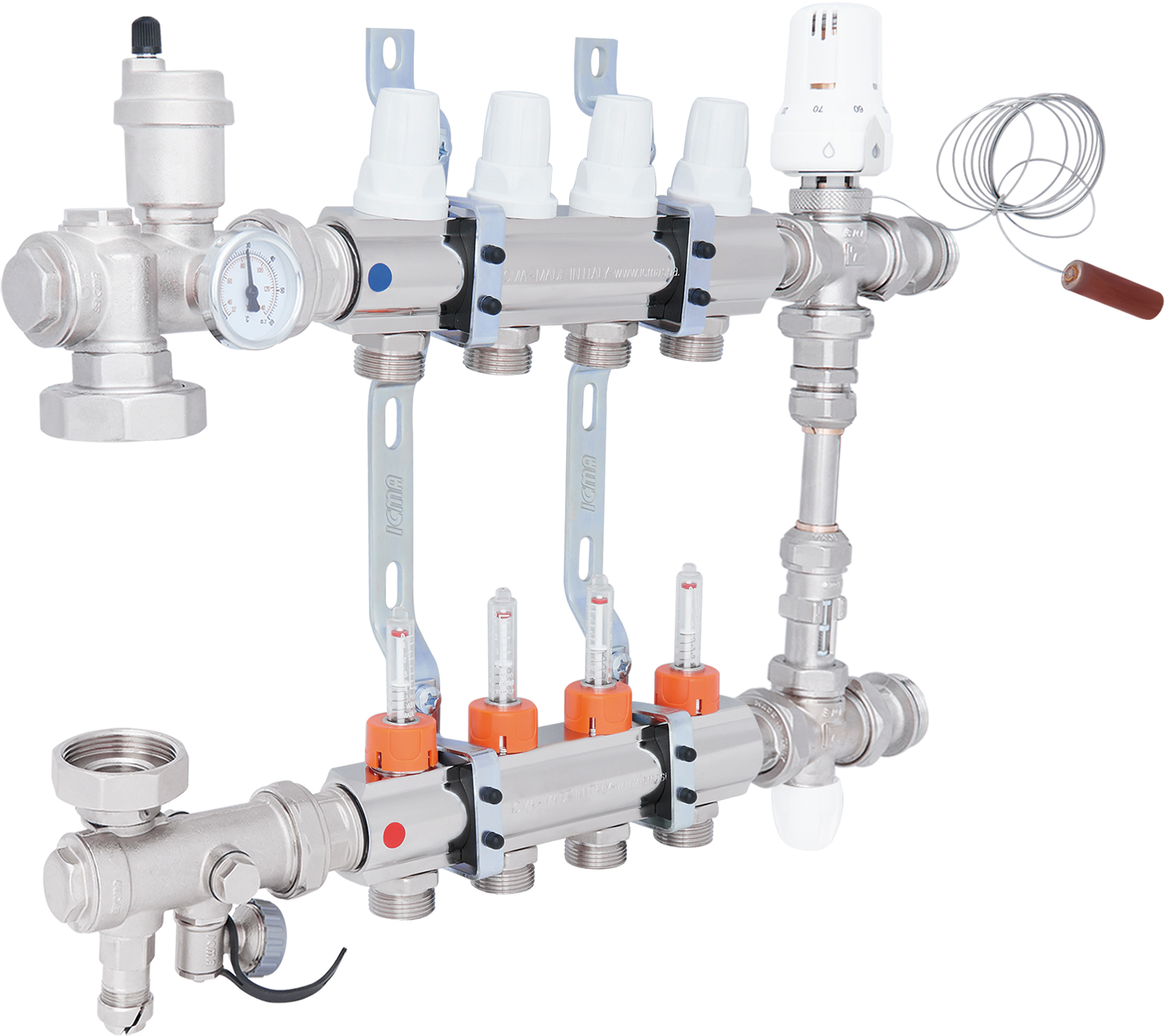 Коллекторная группа для теплого пола из нержавеющей стали и расходомерами Icma №К0111 1"х4 (A1K013APJ06)