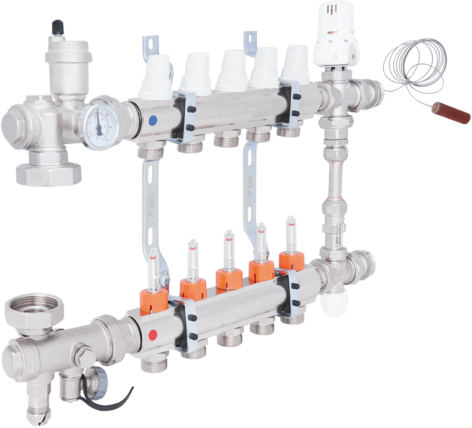 Коллекторная группа для теплого пола из нержавеющей стали и расходомерами Icma №К0111 1"х5 (A1K013APQ06)