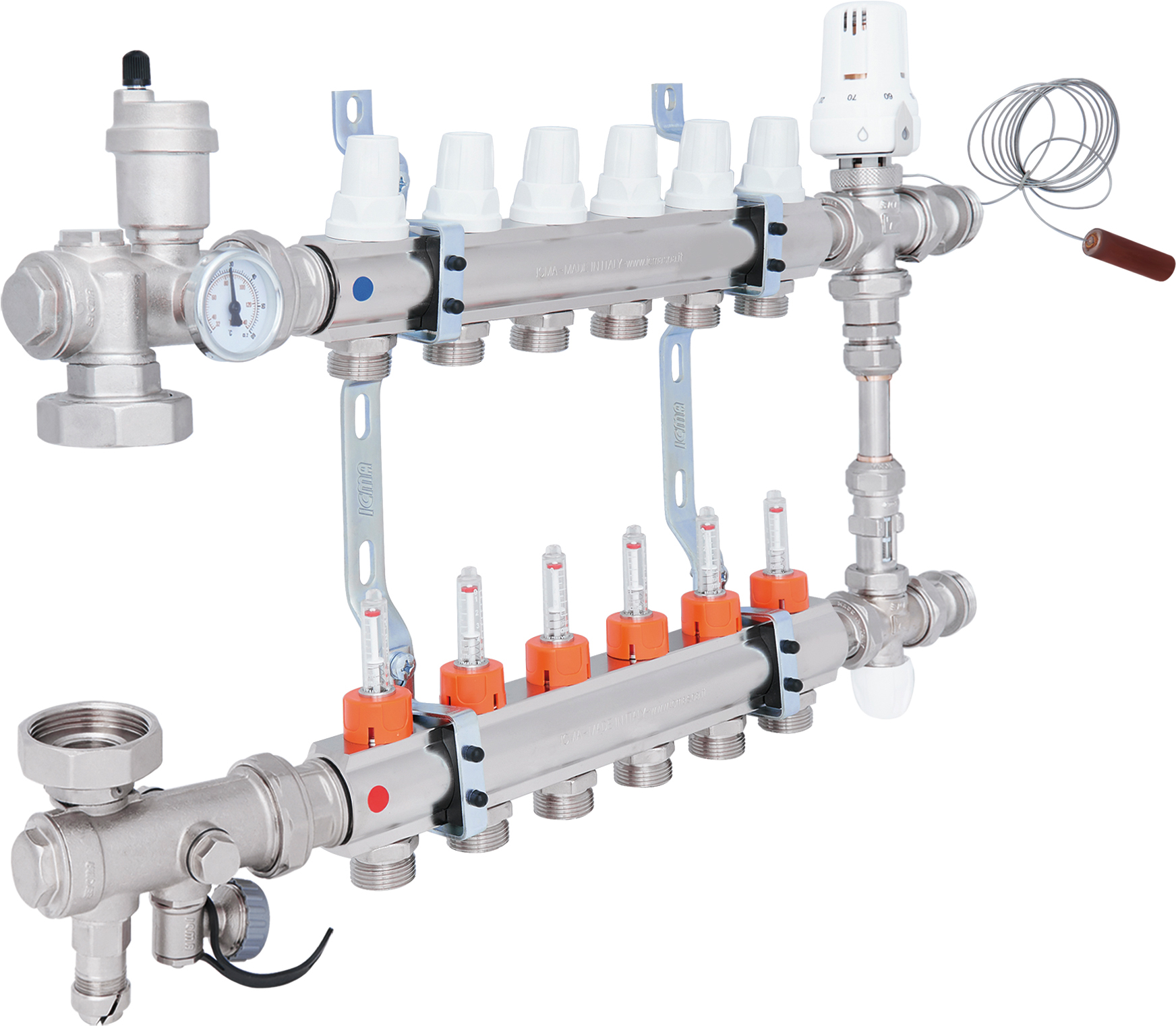 Коллекторная группа для теплого пола из нержавеющей стали и расходомерами Icma №К0111 1"х6 (A1K013APK06)