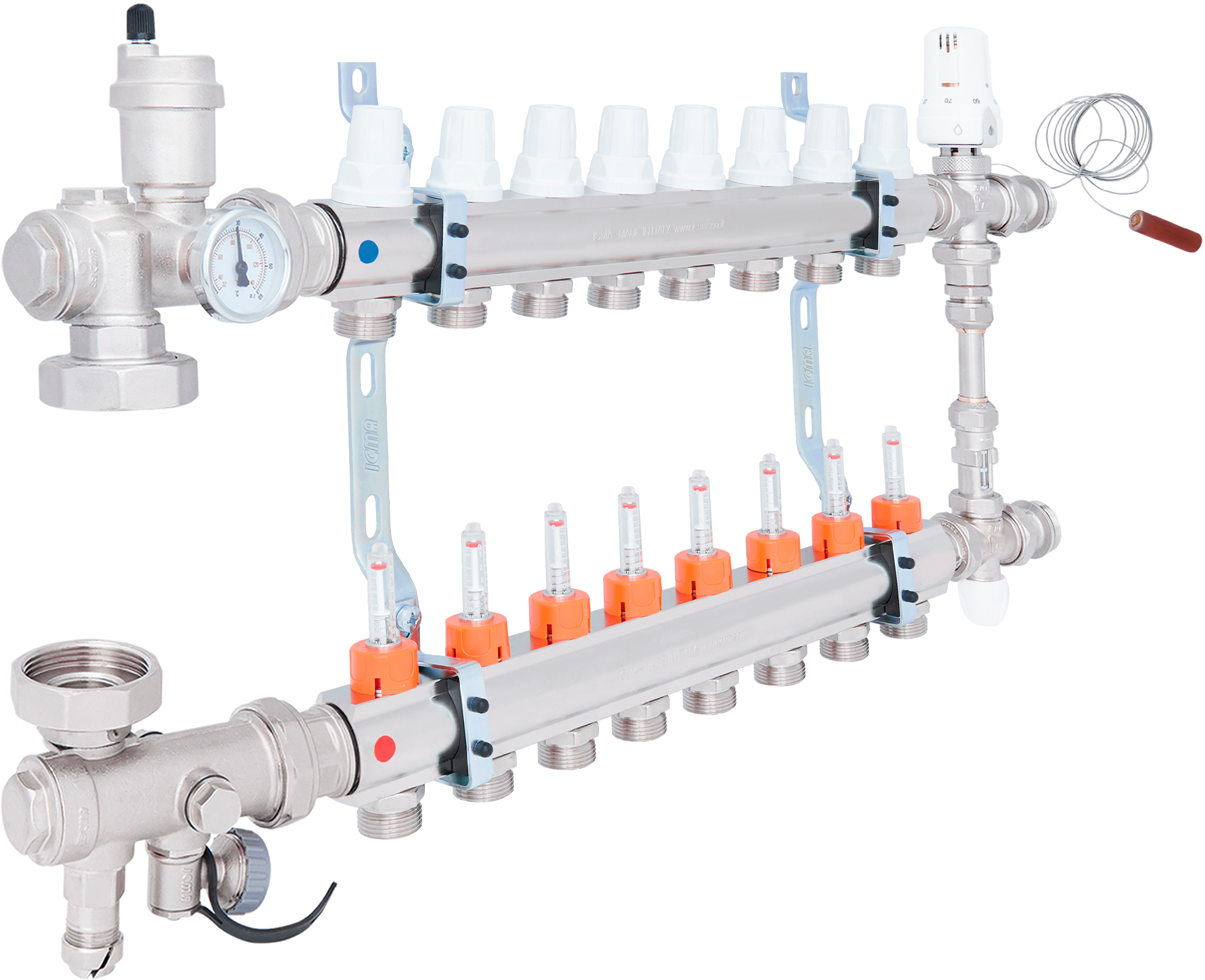 Колекторна група для теплої підлоги з нержавіючої сталі та  витратомірами Icma №К0111 1"х8 (A1K013APL06)