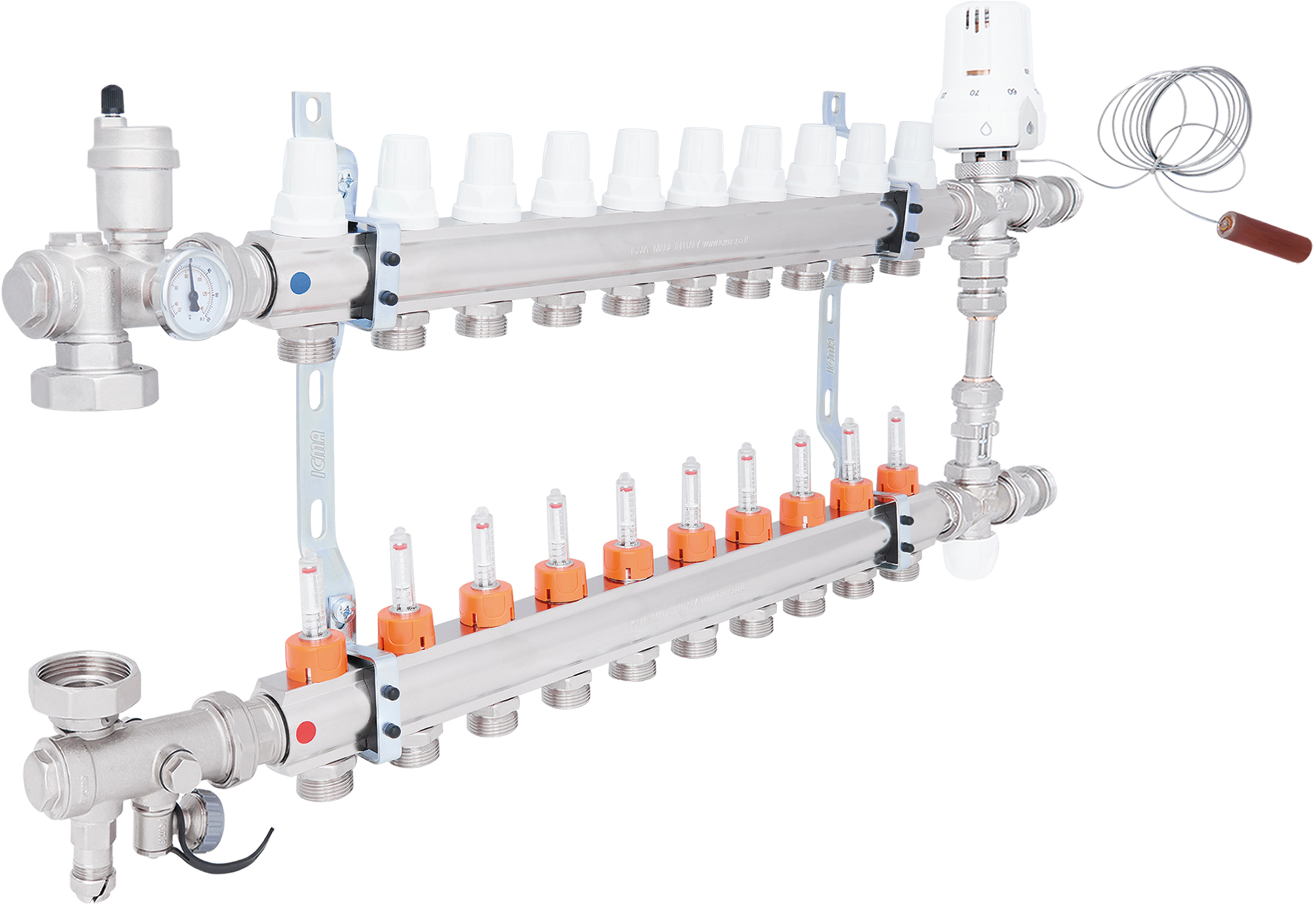Колекторна група для теплої підлоги з нержавіючої сталі та  витратомірами Icma №К0111 1"х10 (A1K013APM06)