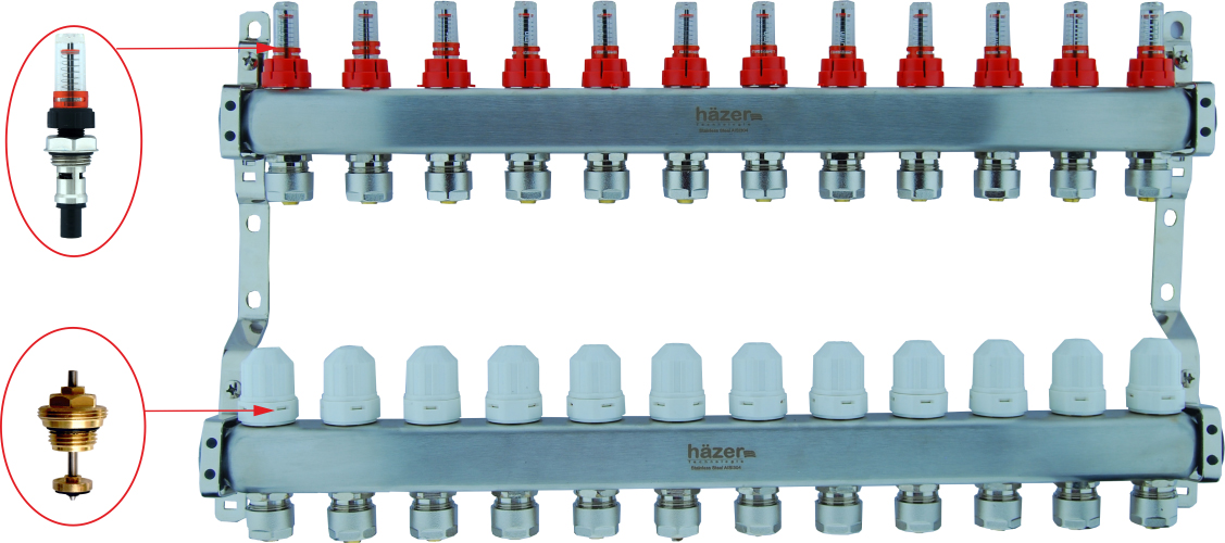 Колектор з  витратомірами з матовою нержавіючої сталі Hazer 1"х12 HRS-302/12