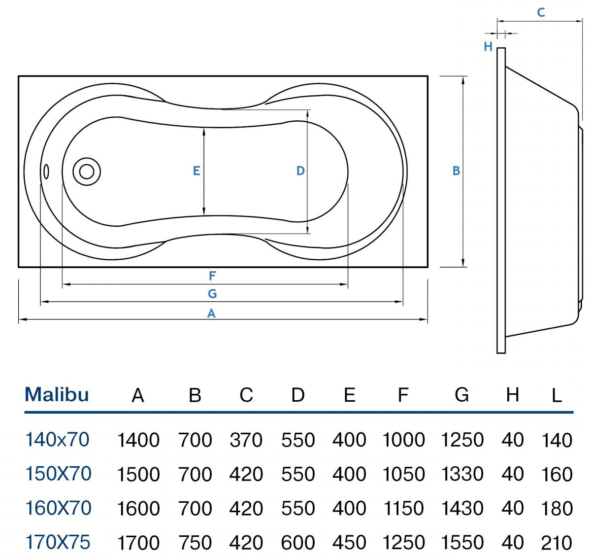 Koller Pool Malibu 140х70 (MALIBU140X70) Габаритные размеры