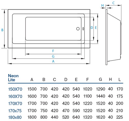 Koller Pool Neon Light 170х70 (NEONLIGHT170X70) Габаритные размеры