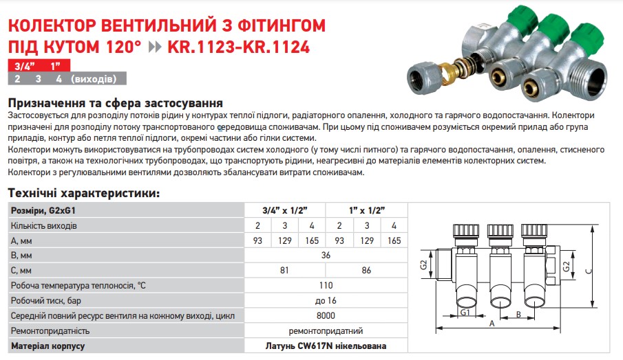 KOER KR.1123-2 3/4”x2 ways (KR2829) Габаритные размеры