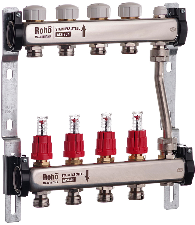 Колектор з витратомірами і термостатичними клапанами з байпасом Roho R814-04 - 1"х 4в (RO0047)