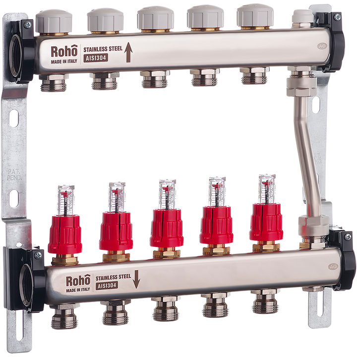 Коллектор с расходомерами и термостатическими клапанами с байпасом Roho R814-05 - 1"х 5в (RO0048)