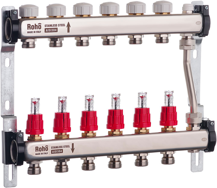 Коллектор с расходомерами и термостатическими клапанами с байпасом Roho R814-06 - 1"х 6в (RO0049)