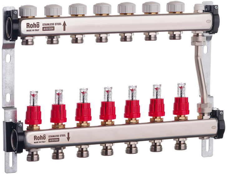 Коллектор с расходомерами и термостатическими клапанами с байпасом Roho R814-07 - 1"х 7в (RO0050)
