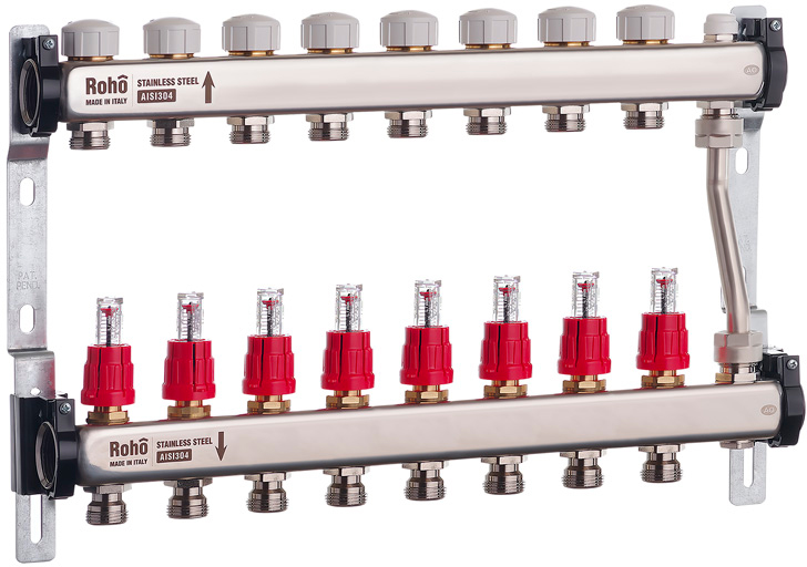 Коллектор с расходомерами и термостатическими клапанами с байпасом Roho R814-08 - 1"х 8в (RO0051)