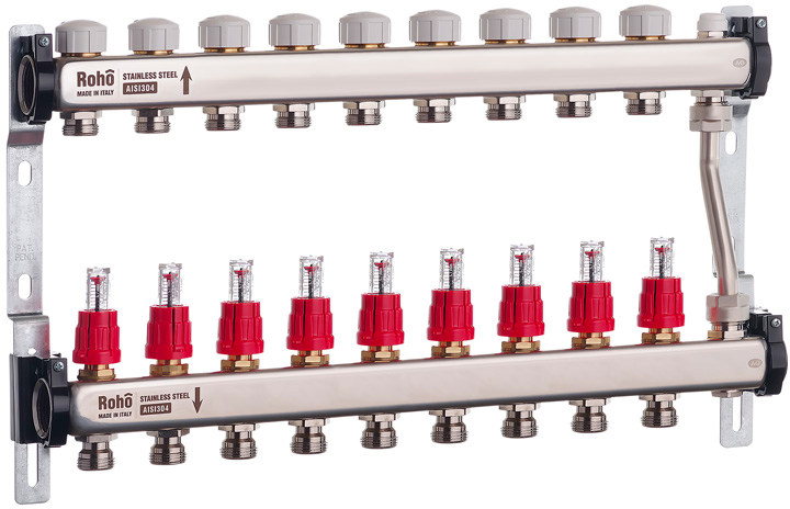 Коллектор с расходомерами и термостатическими клапанами с байпасом Roho R814-09 - 1"х 9в (RO0052)