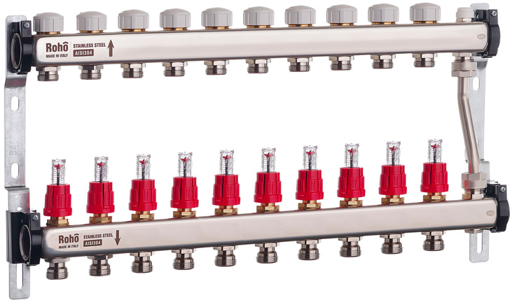 Колектор з витратомірами і термостатичними клапанами з байпасом Roho R814-10 - 1"х 10в (RO0053)