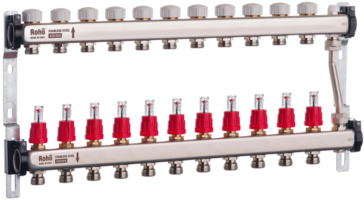 Колектор з витратомірами і термостатичними клапанами з байпасом Roho R814-11 - 1"х 11в (RO0054)