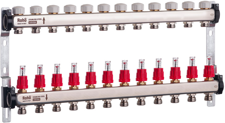 Коллектор с расходомерами и термостатическими клапанами Roho R804-12 - 1"х 12в (RO0044)