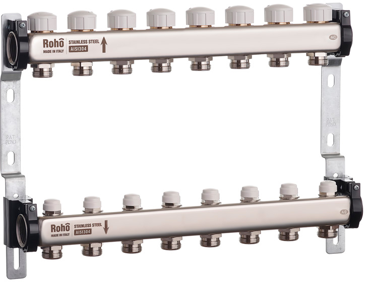 Коллектор с термостатическими и запорными клапанами Roho R805-08 - 1"х 8в (RO0062)