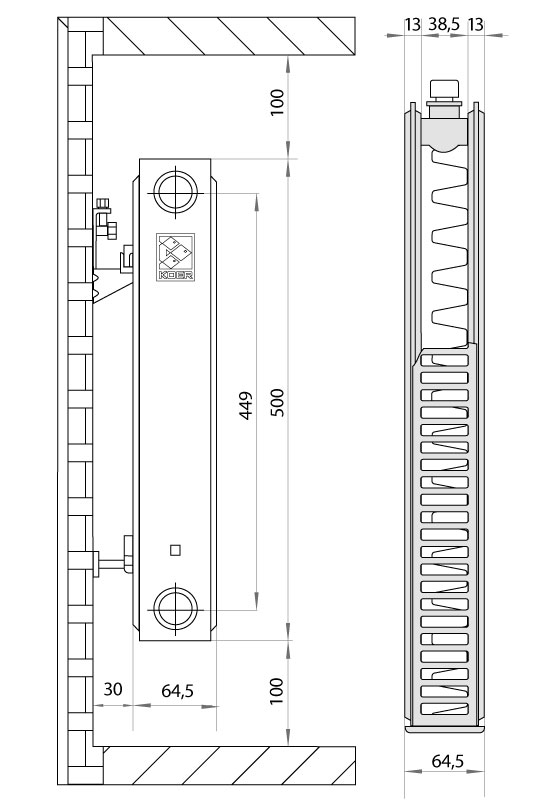 Koer 11х500х1500.S боковое подключение (RAD242) Габаритные размеры