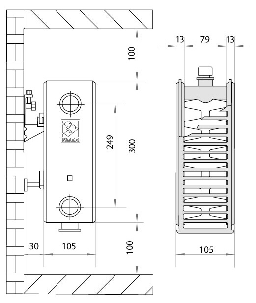 Koer 22х300х1000.B нижнє підключення (RAD103) Габаритні розміри