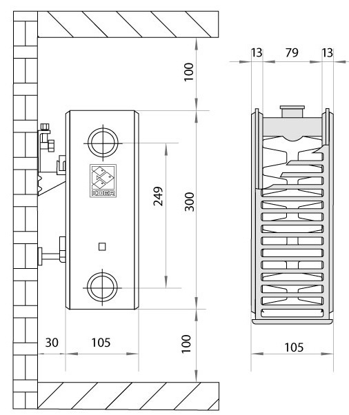 Koer 22х300х1000.S боковое подключение (RAD073) Габаритные размеры