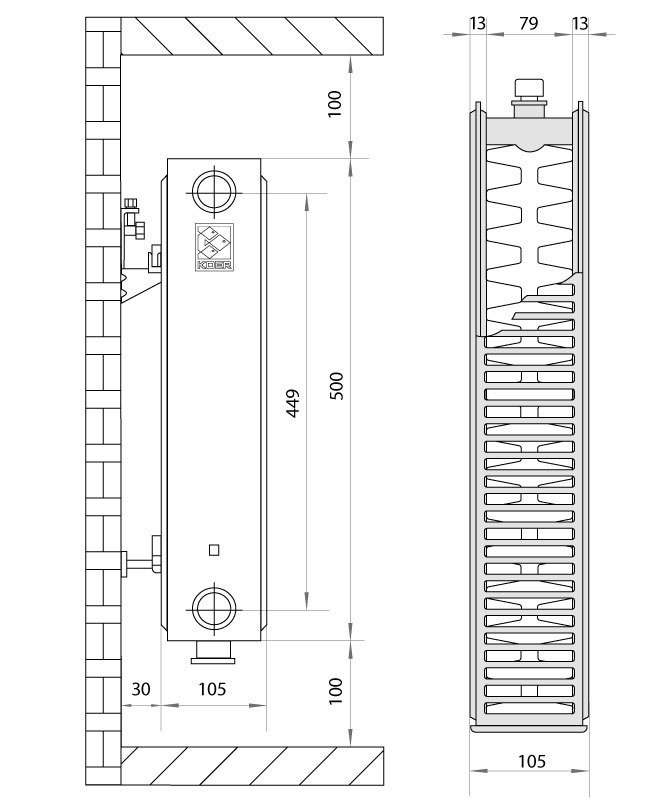 Koer 22х500х400.B нижнее подключение (RAD082) Габаритные размеры