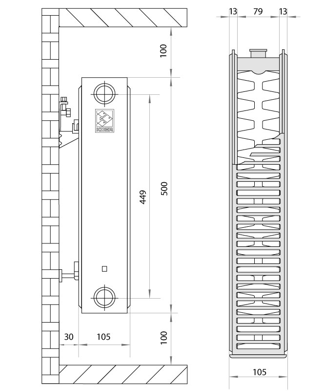 Koer 22х500х900.S боковое подключение (RAD057) Габаритные размеры
