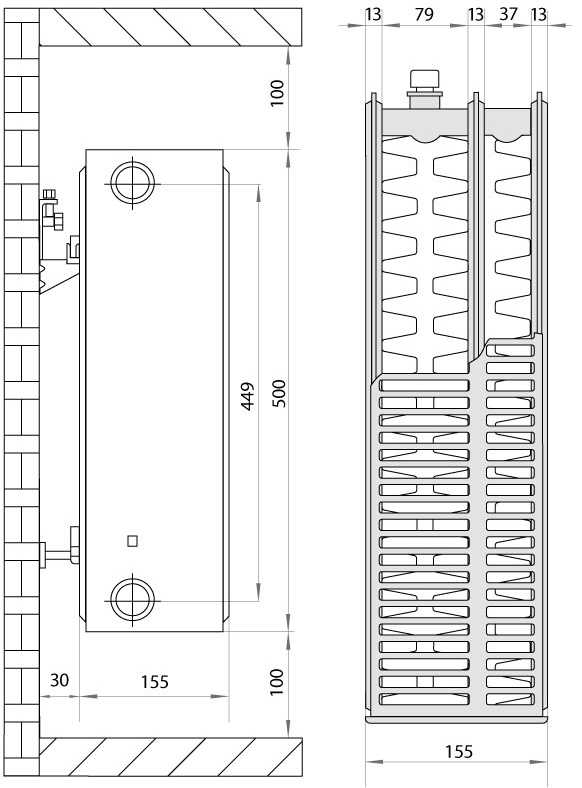 Koer 33х500х800.S боковое подключение (RAD120) Габаритные размеры