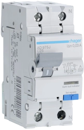 Дифференциальный выключатель Hager 1+N С25/30mA 6кА (AD975J)