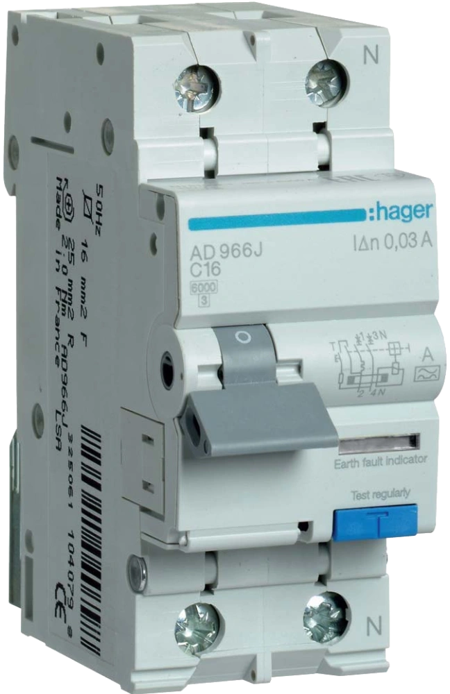 Дифференциальный выключатель Hager 1+N С16/30mA 6кА (AD966J)